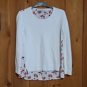 LOFT White Waffle Knit Floral Back Sweater Crew M